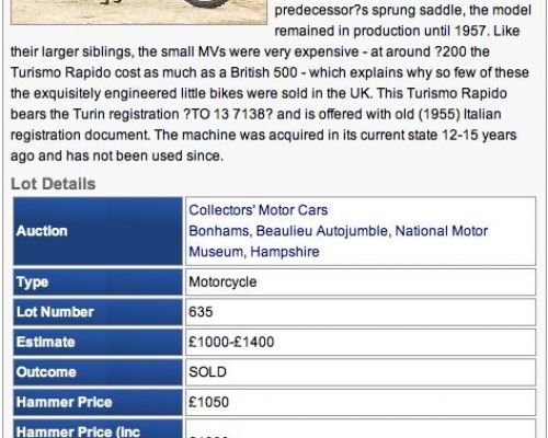 MV Agusta Turismo Rapido  Original Bonham  s auction  advertisement